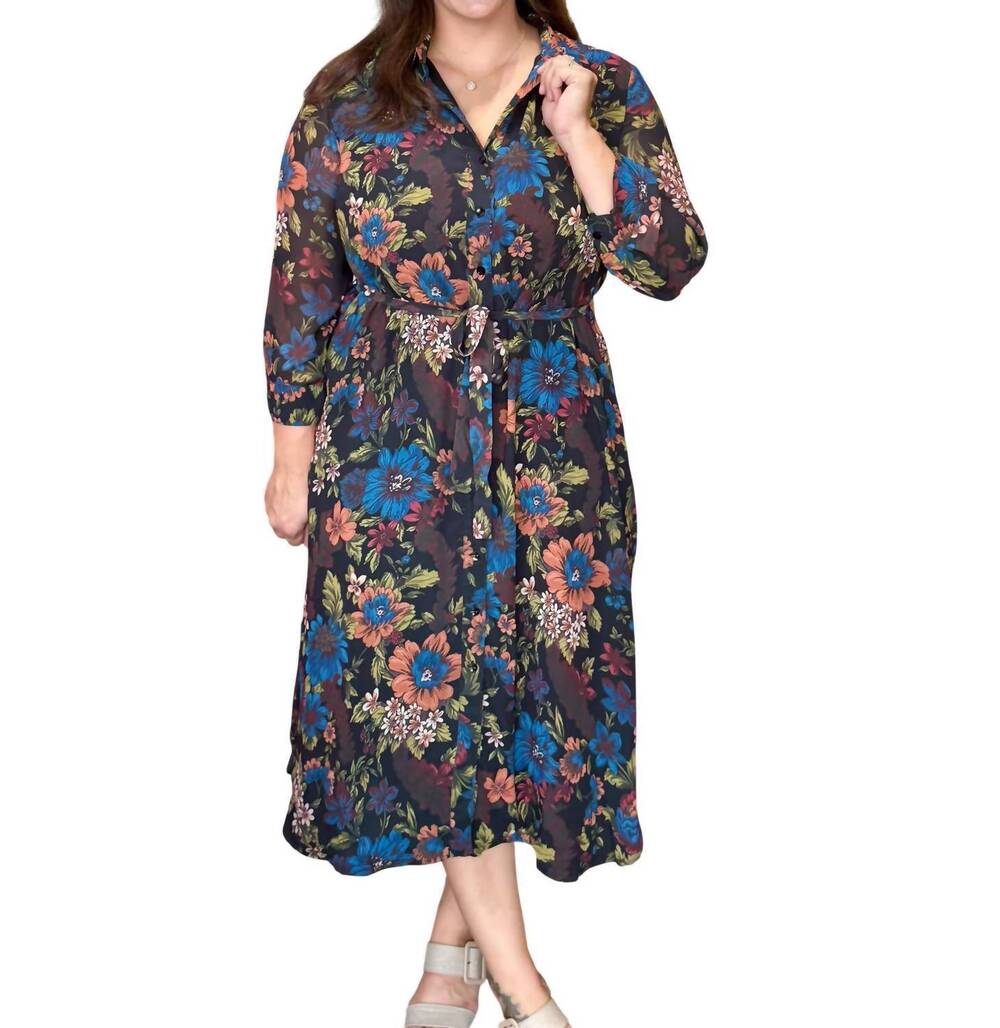 NEW BOHO CHIC fall floral midi dress in black multi